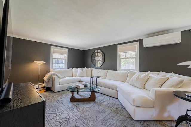 37 Hillcrest Ave, Methuen, MA 01844 - living room with a wall mounted AC, ornamental molding, healthy amount of natural light, and baseboard heating