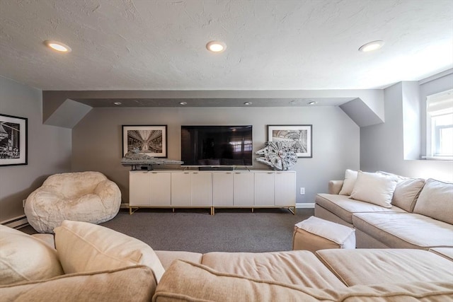 37 Hillcrest Ave, Methuen, MA 01844 - living area featuring dark carpet, a baseboard radiator, recessed lighting, and baseboards