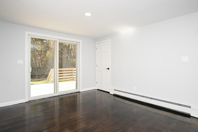 unfurnished room with dark hardwood / wood-style flooring and baseboard heating