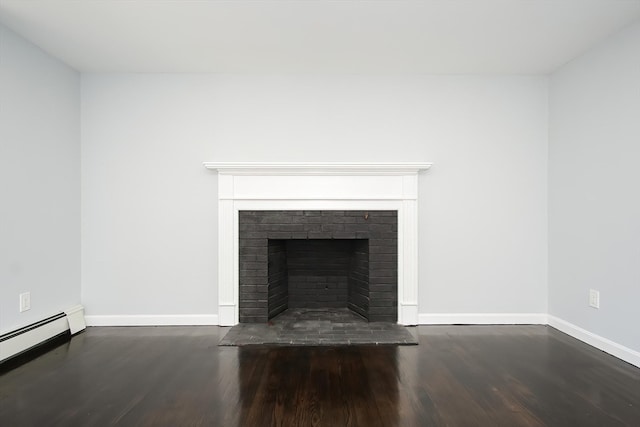 details with a baseboard radiator, a fireplace, and wood-type flooring