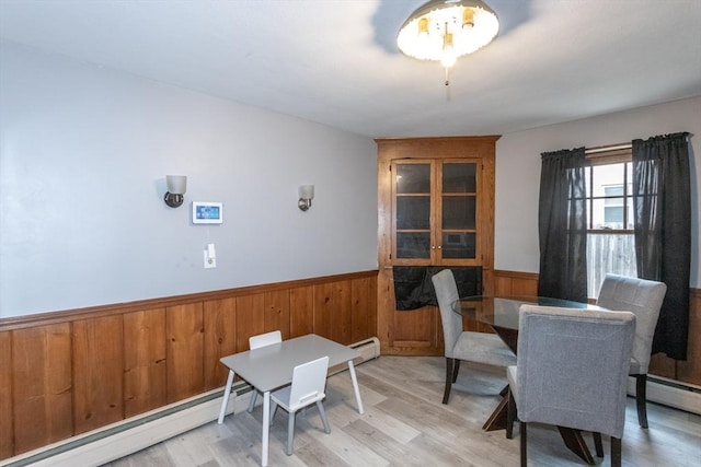 67 Donbray Rd, Springfield, MA 01119 - dining area featuring baseboard heating, a wainscoted wall, light wood-type flooring, and wooden walls