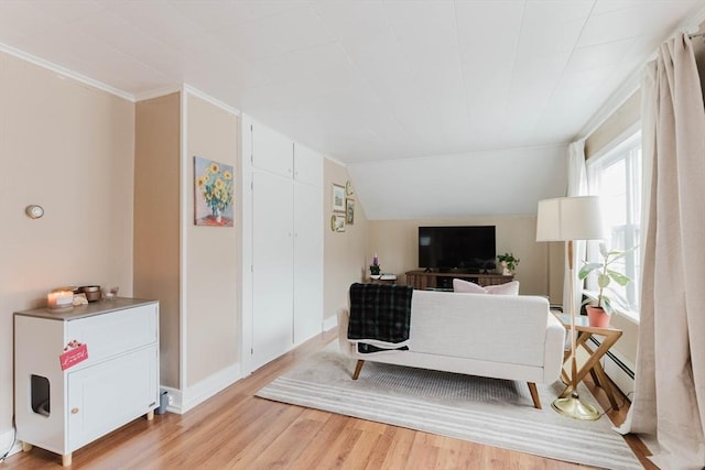 living room featuring vaulted ceiling, a baseboard heating unit, and light hardwood / wood-style flooring