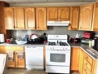 59-61 Waite St, Malden, MA 02148 - kitchen featuring white appliances, ventilation hood, a drop ceiling, a sink, and light brown cabinetry