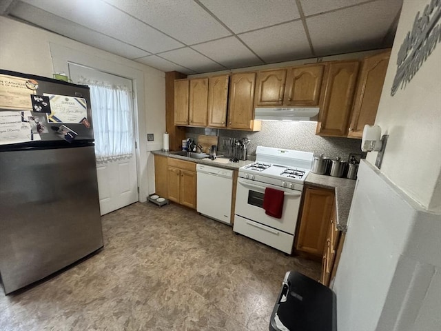 59-61 Waite St, Malden, MA 02148 - kitchen with white appliances, under cabinet range hood, tile patterned floors, a drop ceiling, and a sink