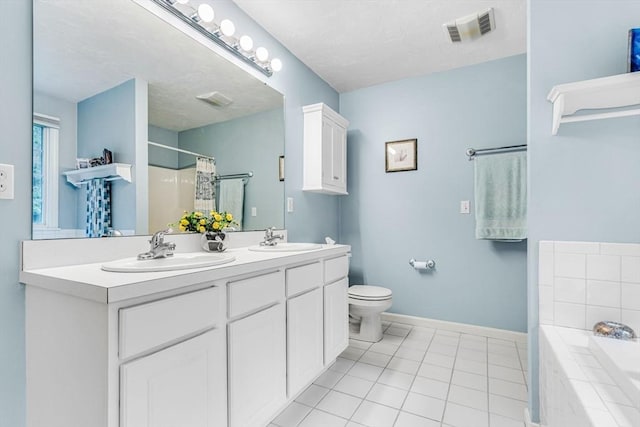 4 Kattail Rd, Hudson, MA 01749 - bathroom featuring a garden tub, double vanity, curtained shower, and tile patterned floors