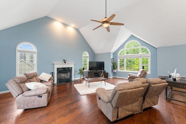 16 Preserve Way, Sturbridge, MA 01566 - living area featuring ceiling fan, a fireplace, wood finished floors, high vaulted ceiling, and baseboards