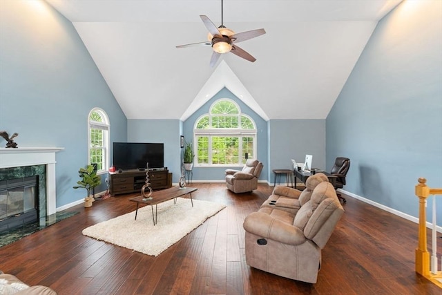 16 Preserve Way, Sturbridge, MA 01566 - living room with healthy amount of natural light, a ceiling fan, a high end fireplace, wood-type flooring, and vaulted ceiling