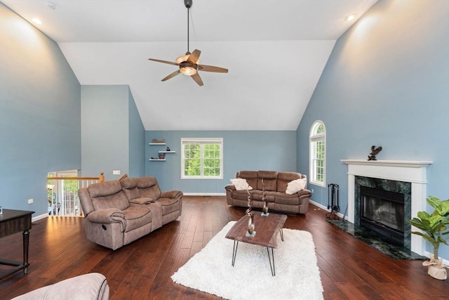 16 Preserve Way, Sturbridge, MA 01566 - living area with a ceiling fan, hardwood / wood-style floors, high vaulted ceiling, a high end fireplace, and baseboards