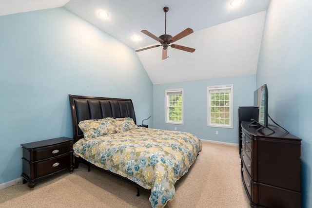 16 Preserve Way, Sturbridge, MA 01566 - bedroom featuring vaulted ceiling, recessed lighting, light colored carpet, baseboards, and a ceiling fan
