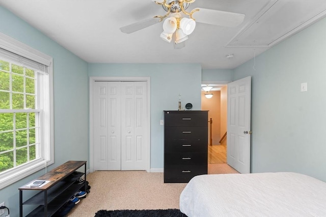 16 Preserve Way, Sturbridge, MA 01566 - carpeted bedroom with attic access, multiple windows, a closet, and a ceiling fan