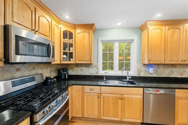 16 Preserve Way, Sturbridge, MA 01566 - kitchen featuring stainless steel appliances, a sink, glass insert cabinets, dark stone countertops, and tasteful backsplash