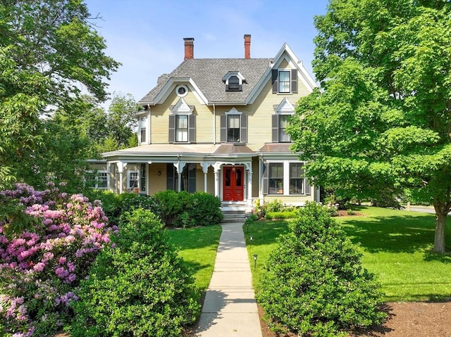 victorian home featuring a front yard and a chimney