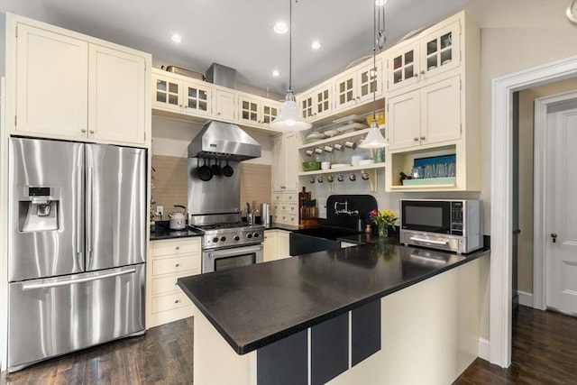 kitchen featuring a peninsula, dark countertops, appliances with stainless steel finishes, open shelves, and exhaust hood