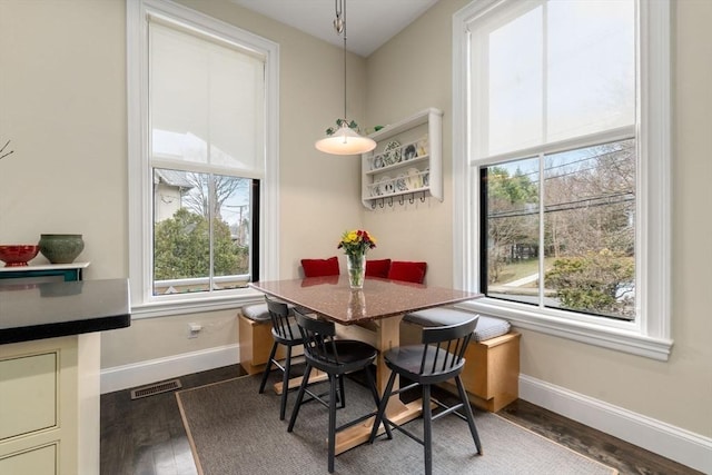 dining area with baseboards, dark wood-style floors, and visible vents