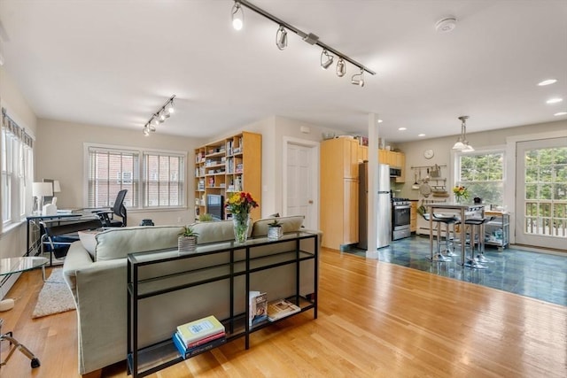living room featuring wood finished floors, recessed lighting, and a wealth of natural light