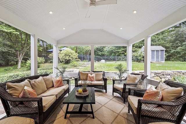 22 High St, Southborough, MA 01772 - sunroom / solarium with outdoor lounge area, ceiling fan, vaulted ceiling, and view of wooded area