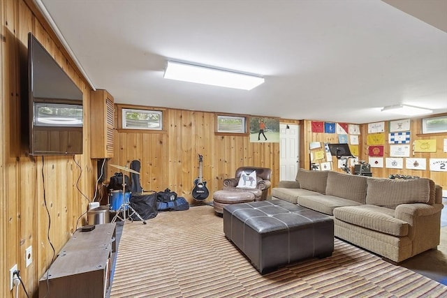 22 High St, Southborough, MA 01772 - carpeted living area with wood walls and healthy amount of natural light