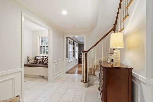 22 High St, Southborough, MA 01772 - foyer with stairway, ornamental molding, a decorative wall, light tile patterned floors, and recessed lighting