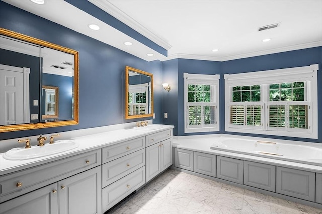 38 Lincoln Cir E, Andover, MA 01810 - bathroom with crown molding, double vanity, a garden tub, recessed lighting, and marble finish flooring