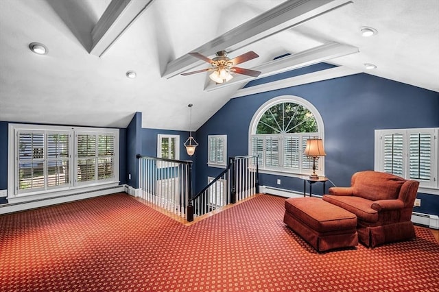 38 Lincoln Cir E, Andover, MA 01810 - sitting room featuring carpet flooring, an upstairs landing, vaulted ceiling, recessed lighting, and a ceiling fan