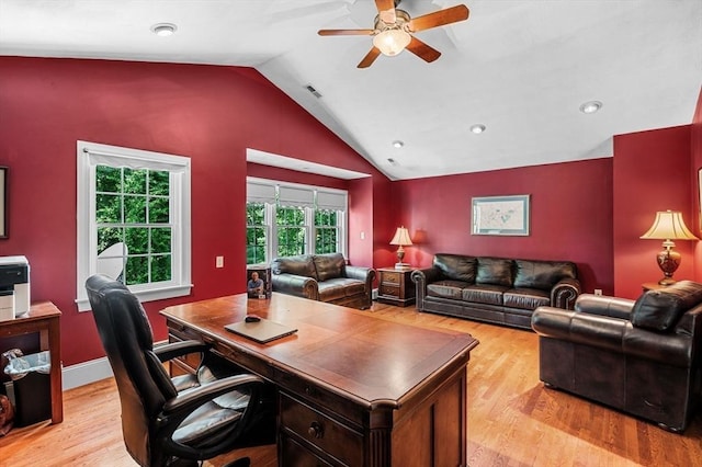 38 Lincoln Cir E, Andover, MA 01810 - office featuring ceiling fan, vaulted ceiling, light wood-style floors, and recessed lighting