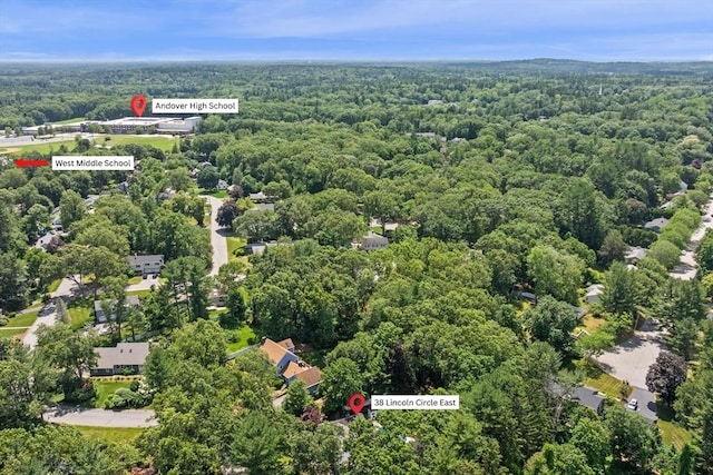 38 Lincoln Cir E, Andover, MA 01810 - aerial view of property and surrounding area with a heavily wooded area