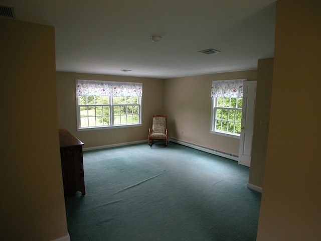 unfurnished room featuring carpet floors and baseboard heating