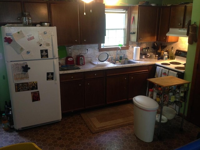 1302 Federal St Unit 20, Belchertown, MA 01007 - kitchen with white appliances, a sink, premium range hood, light countertops, and decorative backsplash