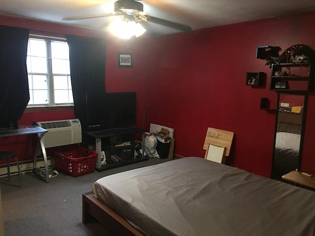 1302 Federal St Unit 20, Belchertown, MA 01007 - bedroom featuring a baseboard radiator, carpet floors, a wall mounted air conditioner, and ceiling fan