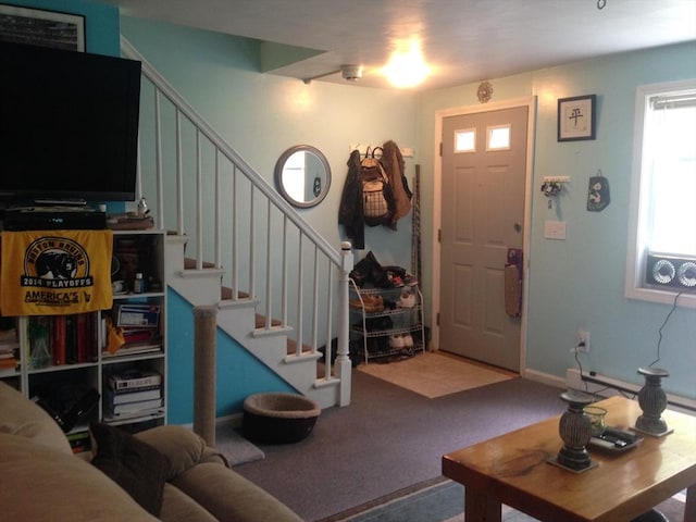 1302 Federal St Unit 20, Belchertown, MA 01007 - living room featuring stairway and carpet floors