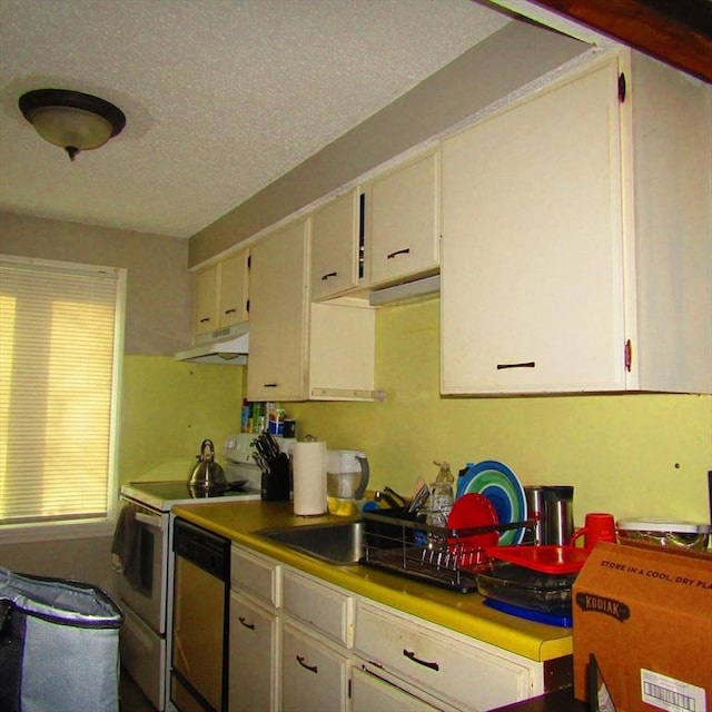 kitchen featuring dishwashing machine, sink, white cabinets, and white electric range oven