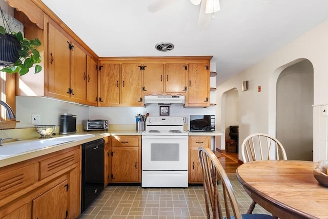 kitchen featuring sink, dishwasher, ceiling fan, and white range with electric cooktop