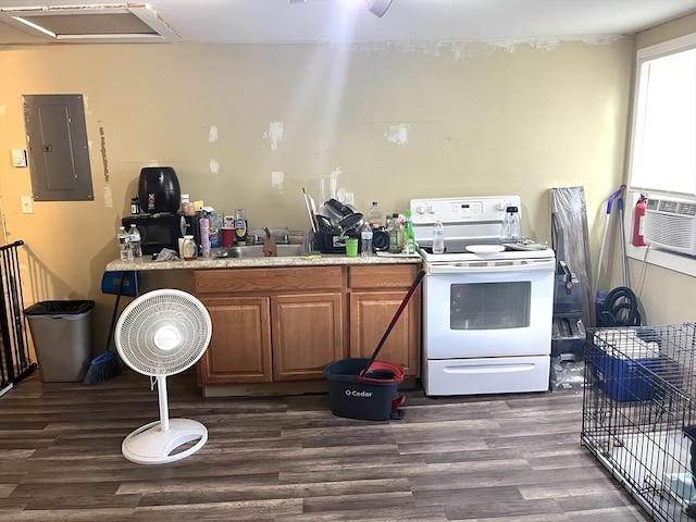 kitchen with sink, electric panel, dark hardwood / wood-style flooring, and white range with electric cooktop