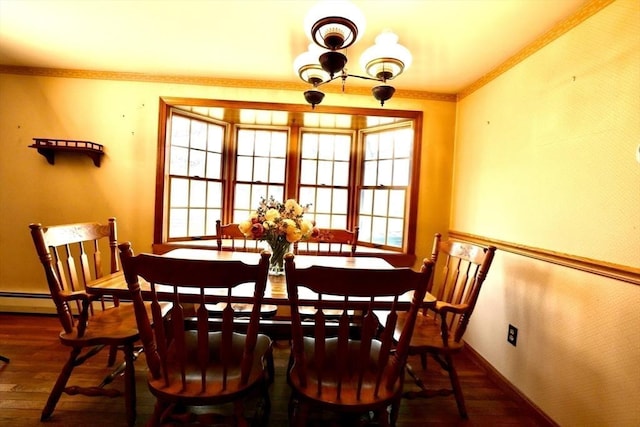 dining space featuring a healthy amount of sunlight, baseboards, ornamental molding, and wood-type flooring