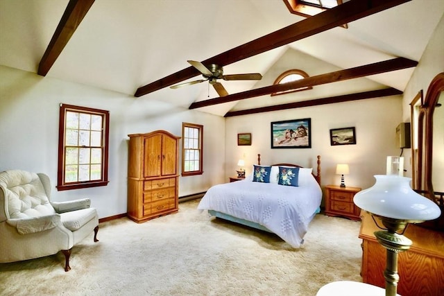 bedroom featuring multiple windows, vaulted ceiling with beams, light carpet, and baseboards