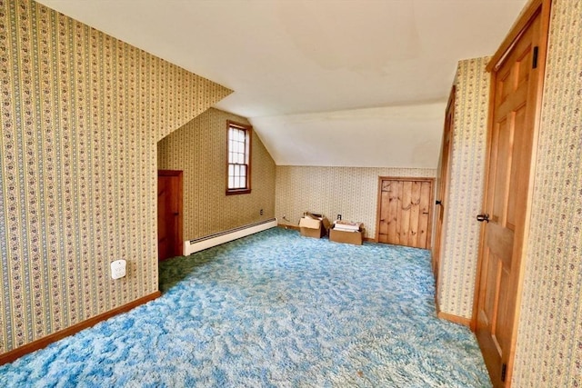 bonus room with wallpapered walls, baseboard heating, vaulted ceiling, and carpet floors
