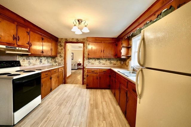 kitchen featuring a sink, light countertops, freestanding refrigerator, under cabinet range hood, and electric range