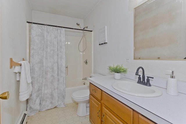 245 State Rd, Phillipston, MA 01331 - bathroom with vanity, baseboard heating, shower / bathtub combination with curtain, and tile patterned floors