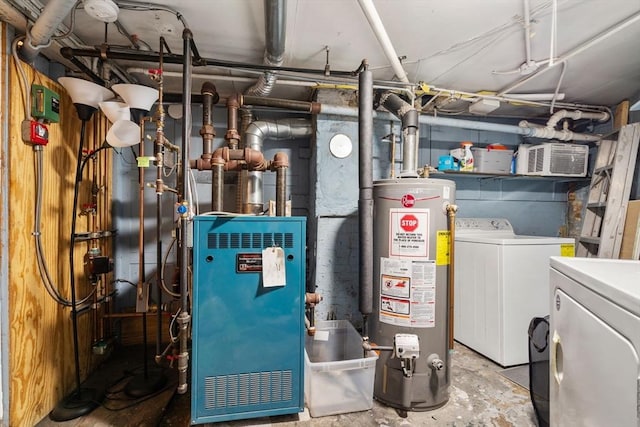 13 Knowlton St, Boston, MA 02127 - utility room featuring gas water heater, independent washer and dryer, a heating unit, and a wall unit AC