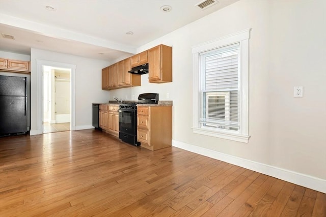 127-129 Franklin St, Malden, MA 02148 - kitchen with black appliances, a sink, baseboards, light wood finished floors, and under cabinet range hood