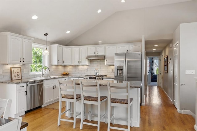 5 Holly Ter, Worcester, MA 01607 - kitchen with appliances with stainless steel finishes, under cabinet range hood, white cabinetry, vaulted ceiling, and light wood-style floors