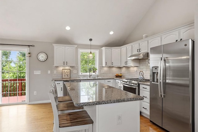 5 Holly Ter, Worcester, MA 01607 - kitchen with appliances with stainless steel finishes, under cabinet range hood, decorative backsplash, white cabinetry, and a center island