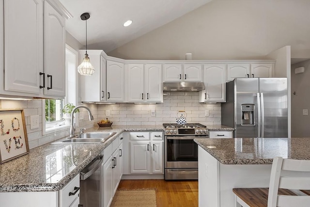5 Holly Ter, Worcester, MA 01607 - kitchen with appliances with stainless steel finishes, under cabinet range hood, lofted ceiling, white cabinetry, and decorative light fixtures