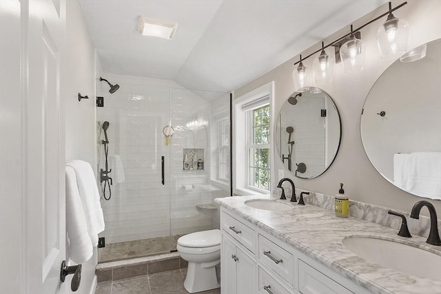 5 Holly Ter, Worcester, MA 01607 - full bath featuring a stall shower, double vanity, tile patterned floors, and lofted ceiling