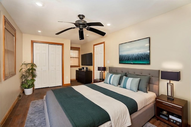 30 Royal St, Randolph, MA 02368 - bedroom with baseboards, a closet, dark wood-style flooring, recessed lighting, and a ceiling fan