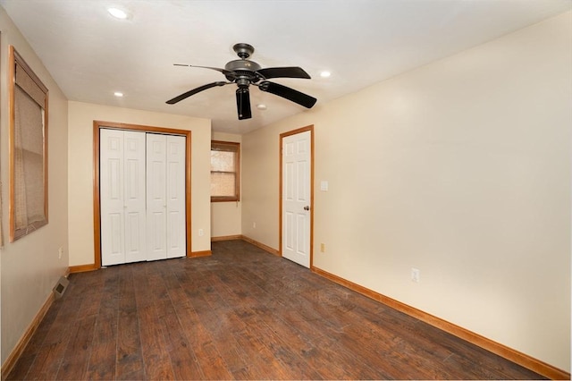 30 Royal St, Randolph, MA 02368 - unfurnished bedroom with baseboards, dark wood finished floors, recessed lighting, a closet, and ceiling fan
