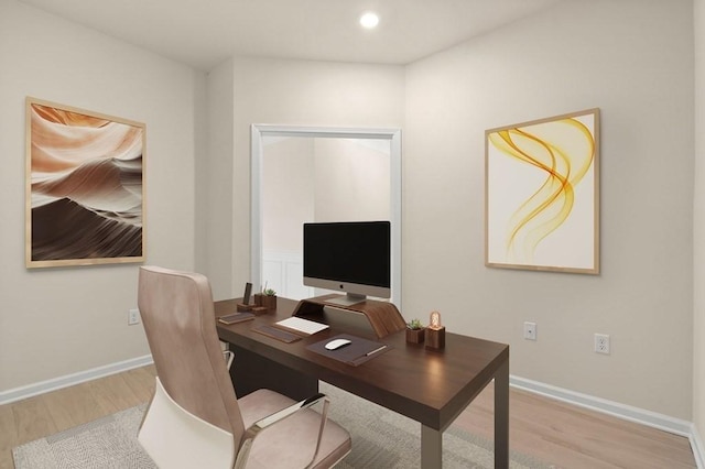 home office with baseboards, recessed lighting, and wood finished floors