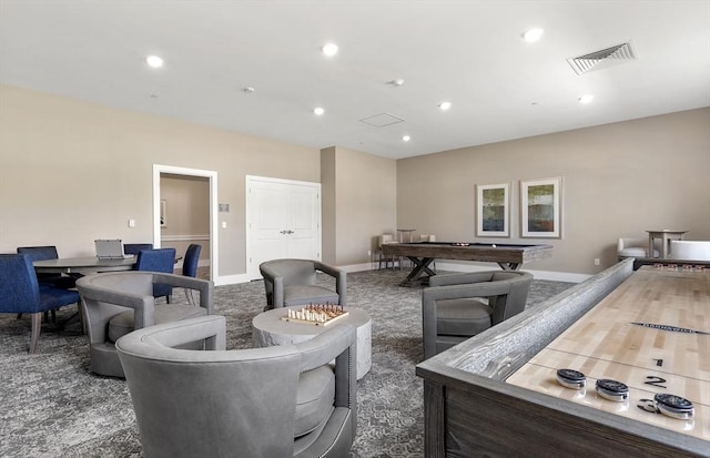 carpeted living room featuring baseboards, billiards, visible vents, and recessed lighting