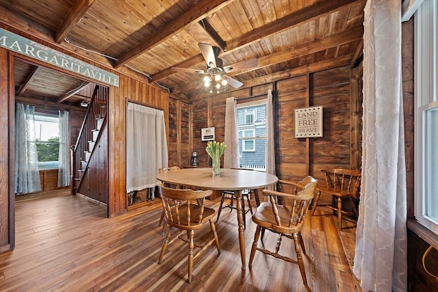 18 Marshfield Ave, Scituate, MA 02066 - dining area featuring wooden walls, wooden ceiling, hardwood / wood-style flooring, beamed ceiling, and ceiling fan