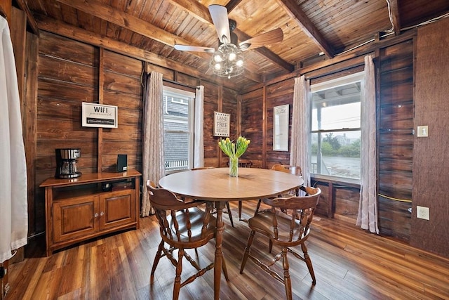 18 Marshfield Ave, Scituate, MA 02066 - dining area featuring wood ceiling, wood walls, light wood finished floors, a ceiling fan, and beam ceiling